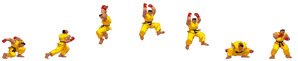 In this example, we split a GIF of Sean Matsuda executing the Dragon Smash attack (from the Street Fighter game). The animation contains 19 frames at 60ms each, making it a little bit too large for our browser game. To make it fit, we extract every 3rd frame starting from the 1st, and arrange them in a single horizontal row. This arrangement creates a horizontal sprite strip that shows each key moment of the move. The frame rate is lower, but it still captures the action while fitting our needs. (Source: Capcom.)
