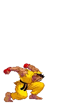 In this example, we split a GIF of Sean Matsuda executing the Dragon Smash attack (from the Street Fighter game). The animation contains 19 frames at 60ms each, making it a little bit too large for our browser game. To make it fit, we extract every 3rd frame starting from the 1st, and arrange them in a single horizontal row. This arrangement creates a horizontal sprite strip that shows each key moment of the move. The frame rate is lower, but it still captures the action while fitting our needs. (Source: Capcom.)