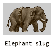 In this example, we load a 24-frame sprite of the Elephant Slug from the Metal Slug 3 game and add a custom polaroid frame around it. The polaroid keeps the original GIF dimensions (170×112 pixels) but adds outer borders, making the output slightly larger (190×182 pixels). The bottom border is set wider than the side and top borders to make space for a caption, where we add the text "Elephant slug" in monospace font, centered in the middle. The polaroid frame color is set to white, the caption color is set to black, and the animation player is enabled so that we can see a smooth playback of the created polaroid. (Source: SNK.)
