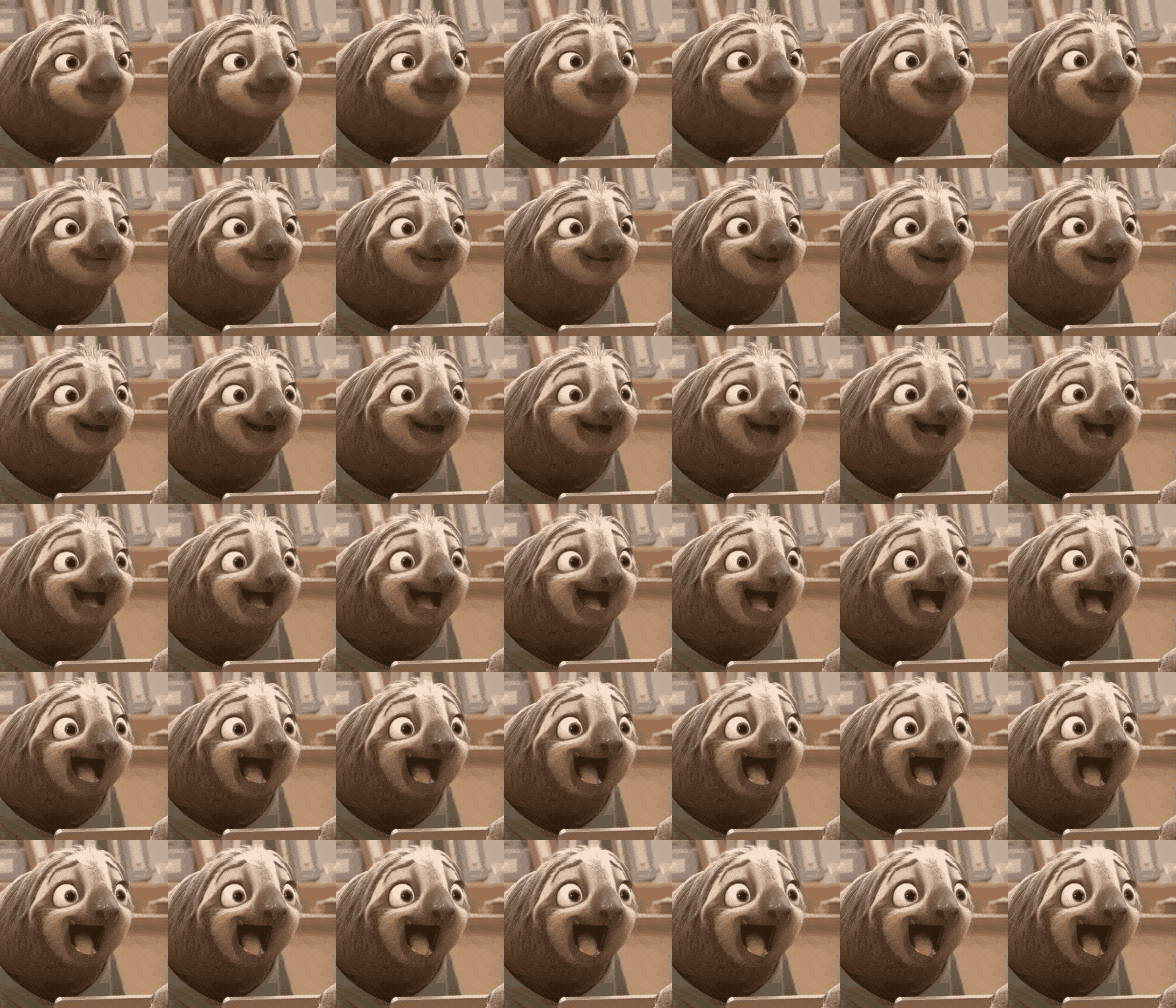 In this example, we create a sprite grid from a GIF of smiling Flash Slothmore from our favorite cartoon, Zootopia. Sloths are known to be very slow and it takes Flash 48 GIF frames to express his emotions. We split the GIF into individual frames and to make them fit in a 6-by-7 grid (6 rows and 7 columns), we remove 6 frames from the animation. The removed frames are every 9th frame (frames 1, 9, 18, 27, 45). GIF source: Tenor.