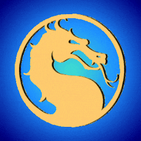 In this example, we add a background to a GIF of the Golden Dragon logo from the game Mortal Kombat. We use a radial gradient that changes the colors from "turquoise" to "dodgerblue", to "navy", and then to "black". The radial gradient has a radius of 300 pixels and is located in the center of the frames. (Source: Midway Games.)