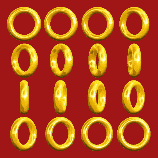 In this example, we turn a GIF of a rotating gold ring from Sonic the Hedgehog game into a 4×4 square sprite sheet. We play the GIF in reverse and the animation frames go from the end to the beginning. As the GIF is reversed, so are the sprites in the output sprite sheet. We also add padding of 20 pixels around the rings and change the background color from green (hex code #00A843) to red (hex code #A01515) using a color tone fuzzy match threshold value of 15% (which means match all greenish tones within 15% of the green color). GIF source: Spriters Resource.