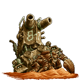 In this GIF, we censor the division number on Huge Hermit's tank. The tank and Hermit Crab are the first bosses in the Metal Slug 3 game. To censor the tank's division number, we black out a region at x = 78, y = 92, width = 60, height = 60 by putting a solid black color label over it. (Created by: SNK.)