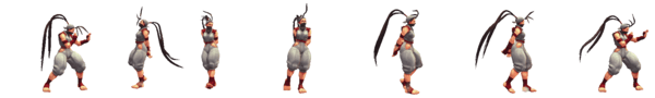 This example shows how the Street Fighter game character Ibuki was animated. Each movement is captured as a separate image and a collection of 50 frames creates the entire GIF animation. We extract frames 1, 15, 22, 26, 31, 36, 47, and put them on a horizontal sprite strip. We also fill the transparent background with solid white color and add a padding of 10px around the strip. (Source: Capcom.)