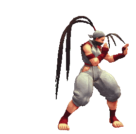 This example shows how the Street Fighter game character Ibuki was animated. Each movement is captured as a separate image and a collection of 50 frames creates the entire GIF animation. We extract frames 1, 15, 22, 26, 31, 36, 47, and put them on a horizontal sprite strip. We also fill the transparent background with solid white color and add a padding of 10px around the strip. (Source: Capcom.)