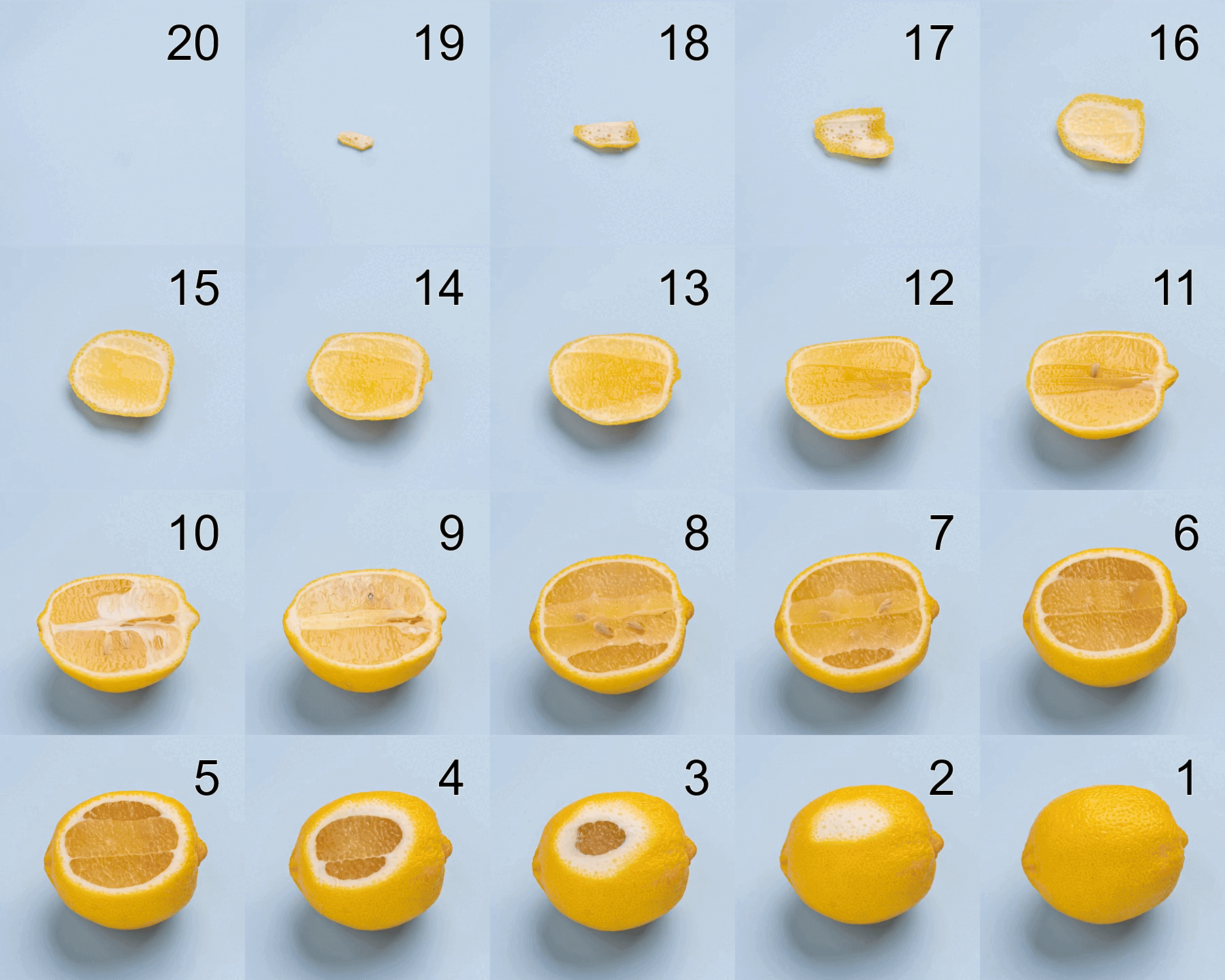 This example shows a lemon being sliced apart frame by frame. By splitting it into frames, we can follow each stage of the lemon disappearing. To make the sequence more interesting, we reverse the order of frames, which creates the opposite effect: a tiny peel gradually becomes a full lemon again. We also add frame numbers in the top-right corner of each frame and arrange the splitted frames into five neat columns. (Source: Pexels.)