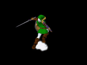 In this example, we use a GIF of Link performing his Spin Attack from the game Super Smash Bros. Melee. We intentionally slow down the GIF by increasing the frame duration to 300 milliseconds (about 3 frames per second), giving us more time to examine each frame. This allows us to easily find the attack's peak moment and freeze the GIF on frame 27. (Source: Nintendo.)