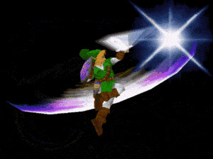 In this example, we use a GIF of Link performing his Spin Attack from the game Super Smash Bros. Melee. We intentionally slow down the GIF by increasing the frame duration to 300 milliseconds (about 3 frames per second), giving us more time to examine each frame. This allows us to easily find the attack's peak moment and freeze the GIF on frame 27. (Source: Nintendo.)