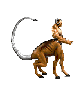 In this example, we're adding 100% noise to Motaro, one of Mortal Kombat 3's bosses. He is a Centaur, meaning that he has the body of a stallion and the torso of a man. We define the colors of the noise in the options using the solid color noise mode. We replace only the opaque area of the animation with various green noise pixels. As a result, we get a GIF with the Centaur figure completely covered in green noise. (Source: Midway Games.)