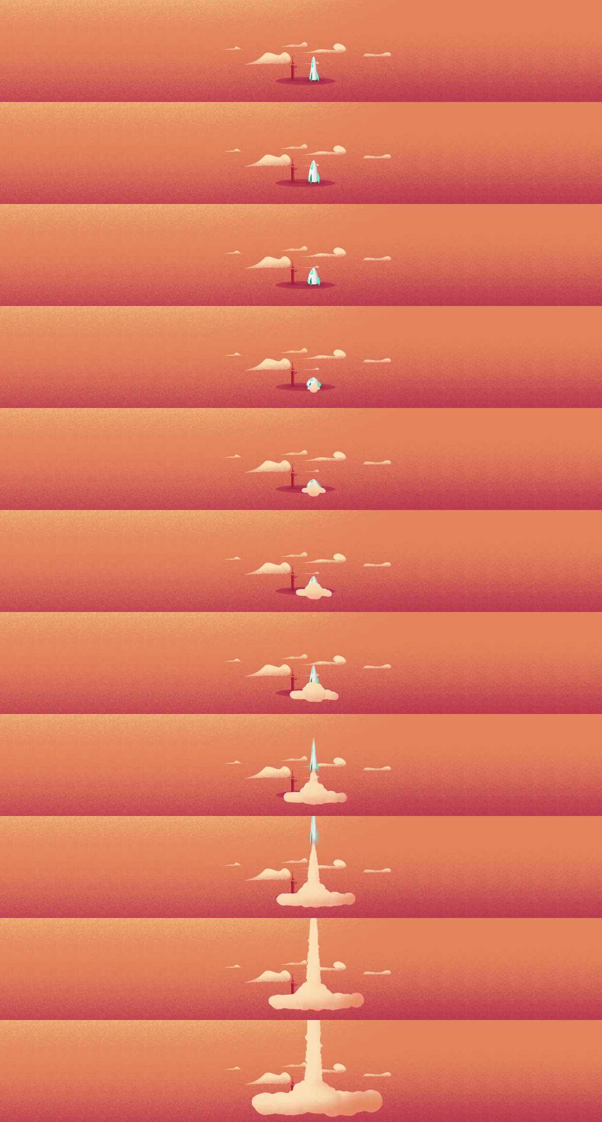 This example animates a cartoon of a rocket launch from a vertical JPG sprite strip image. To make it work, we set the sprite size to 350x210, set the sprite direction to go from top to bottom (north to south), and enable the GIF player. Since there is a lot of extra space around the rocket, we move the bounding frame rectangle to the right by 460 pixels (x-offset). We display the GIF in its original size (100%) and update the frame delay to 200 milliseconds. (Source: Nasa.)