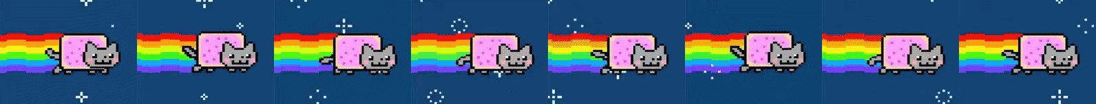 In this example, we load a GIF of the Nyan Cat and extract all frames as a series of images from it. The GIF contains 8 sprites and we process them in order (from the first to the last). In the sprite sheet size options, we only specify the rows value and set it equal to 1. This way, we get a single horizontal sprite strip with all eight animation frames one after another. Also, to see the entire GIF, we animate it at the speed of 200 milliseconds per frame (which equals 1000/200 = 5 frames per second). GIF source: Giphy.
