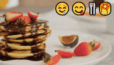 In this example, we add emojis to an animation file of a yummy pancake tower. We put four huge emoticons that show how much we love pancakes in the top right corner of each frame. The icons are in bold and 40 pixels in size. (Source: Pexels.)