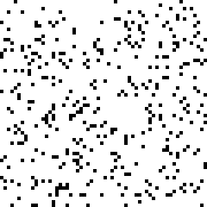 This example generates a animation of blinking random 5px black dots on a large transparent canvas. In the custom colors list, we have one color "black" and nine colors "transparent". The probability of drawing a black dot is 1/10 and the probability of drawing a transparent dot is 9/10. The probability for the transparent color is so big because it's entered nine times and the "black" color only once. The GIF consists of 30 frames, each of size 300 by 300 pixels, and is played only 4 times.