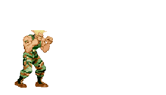 In this Street Fighter sprite, the Guile game character is releasing the Sonic Boom special attack. This attack can be released by charging backward, pressing forward, and pressing the punch key. To teach you how to invoke this attack, we add keystroke instructions to the first three frames of the animation. We use different Unicode characters, letters, and emoticons to show the instructions and print them in bold using the Courier New font. (Source: Capcom.)