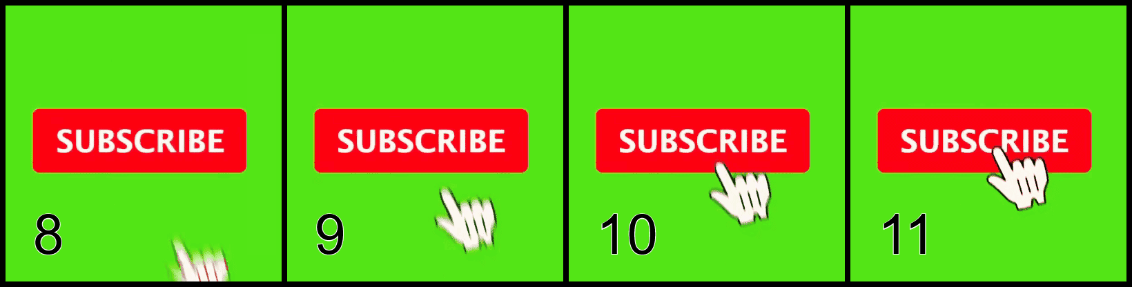 In this example, we create an image sequence from an animated "subscribe" button. The input GIF has 18 frames, but we only need four specific frames, 8, 9, 10, and 11, which we capture using the range option "8-11". These frames clearly show the mouse cursor appearing and moving over the button. We organize the images into a single sequential row and, for visual contrast, add a black canvas, 8 pixels of padding around entire sequence, and a gap of 8 pixels between individual images. We also add numbers to each frame for easy reference. (Source: Pexels.)