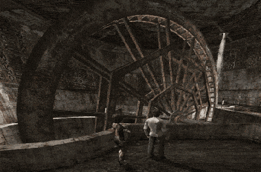 In this example, we're working with the water wheel GIF from the Silent Hill 4 game but someone has added an unnecessary annoying red two-pixel bezel around all the frames. To remove the bezel lines from the animation, we set up a 2-pixel cut distance from all sides of the GIF in the options and this operation quickly drops the red border. (Source: Konami.)